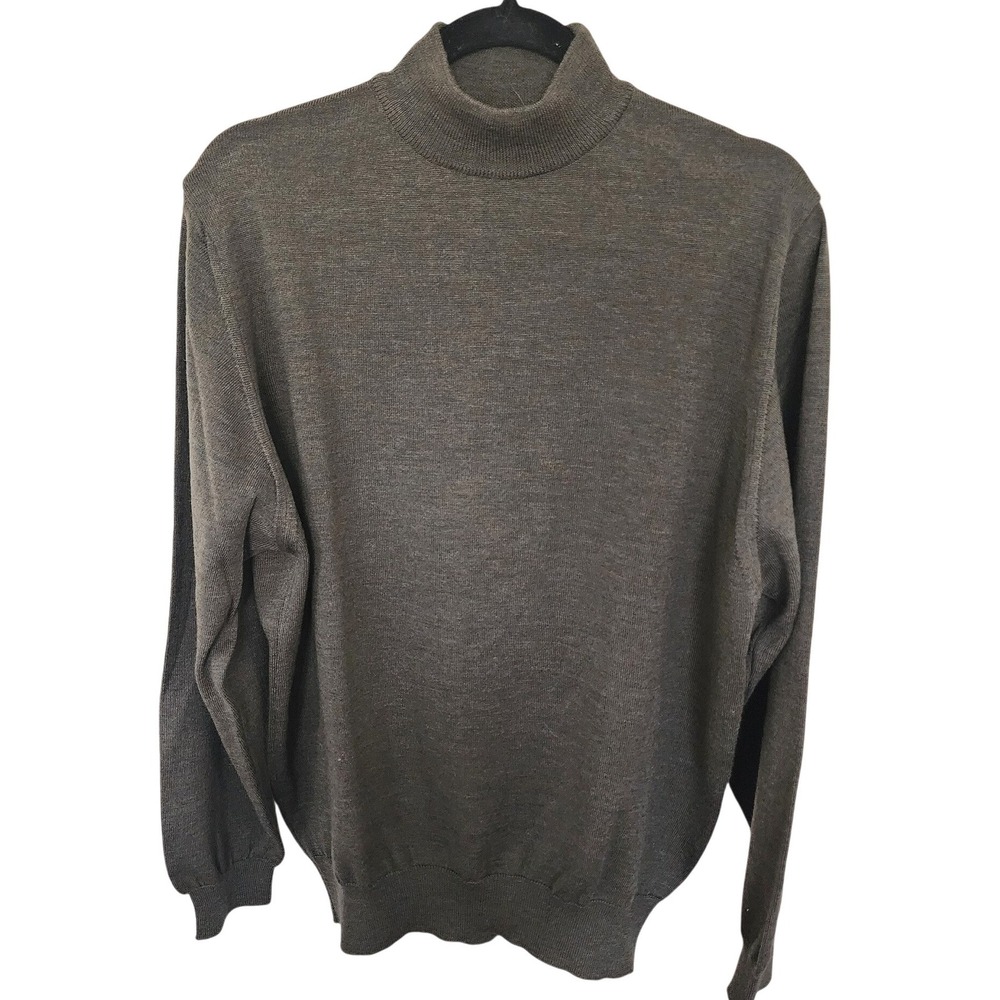 Nordstrom Mens Mock Neck Sweater L Olive Grey 100% Extrafine Merino Wool Italy